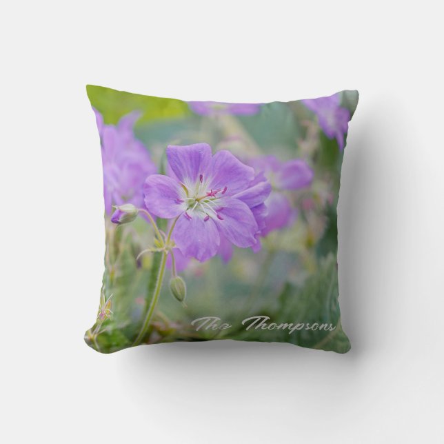 Purple Geranium Wildflower Photo With Family Name Cushion (Front)