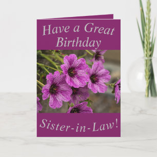 Purple Geraniums Birthday Card for Sister-in-Law