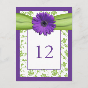 Purple Gerber Daisy Green Damask Table Number Card