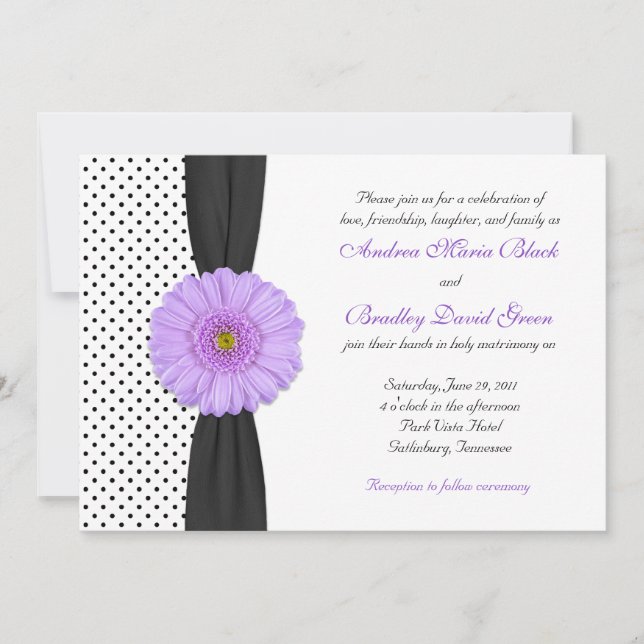 Purple Gerber Daisy Polka Dot Wedding Invitation (Front)