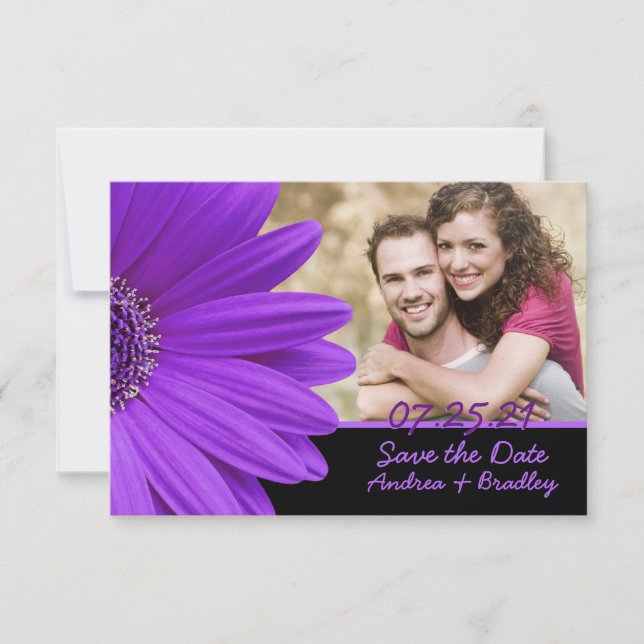 Purple Gerbera Daisy Black Photo Wedding Save The Date (Front)