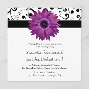 Purple Gerbera Daisy Black Scroll Design Wedding Invitation
