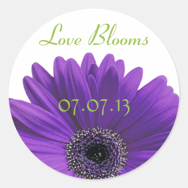 Purple Gerbera Daisy Love Blooms Wedding Stickers (Front)