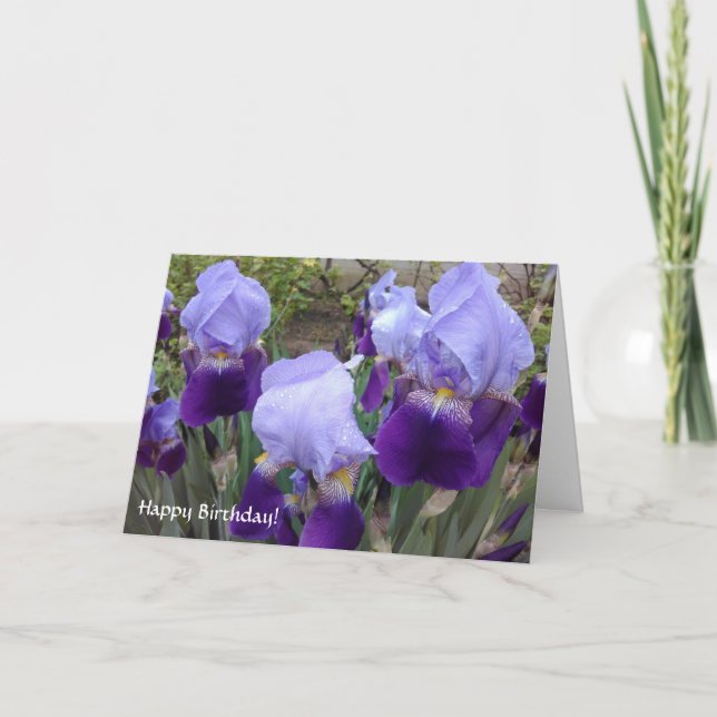 Purple German Irises Happy Birthday! Card (Front)