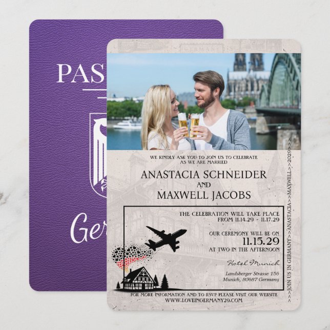 Purple Germany Passport Wedding Invitation (Front/Back)