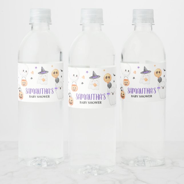 Purple Ghost Halloween Little Boo Baby Shower Water Bottle Label (Bottles)