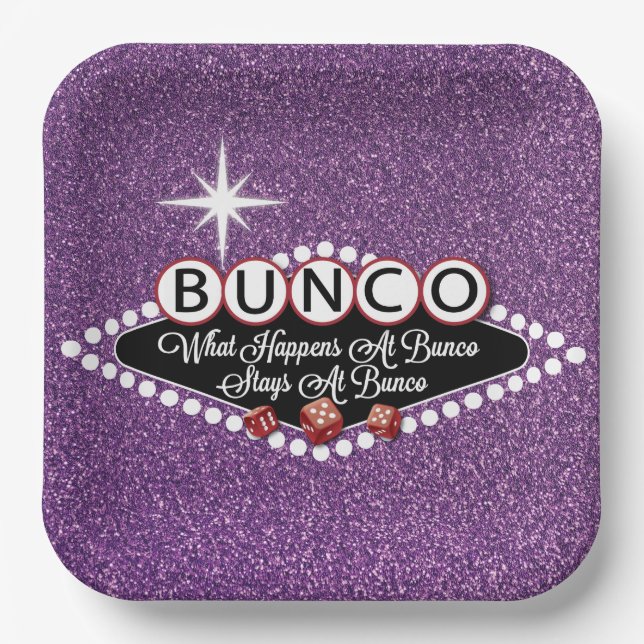 Purple Giltter What Happens At Bunco Paper Plate (Front)