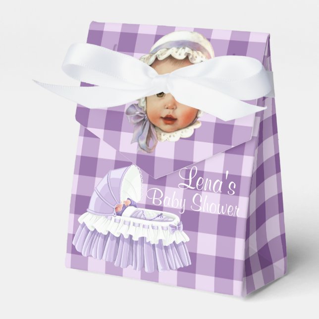 Purple Gingham Baby & Ruffled Bassinet Favour Boxe Favour Box (Front Side)