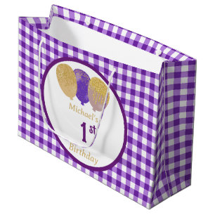 Purple Gingham Balloon Custom Multi Photo Birthday Large Gift Bag