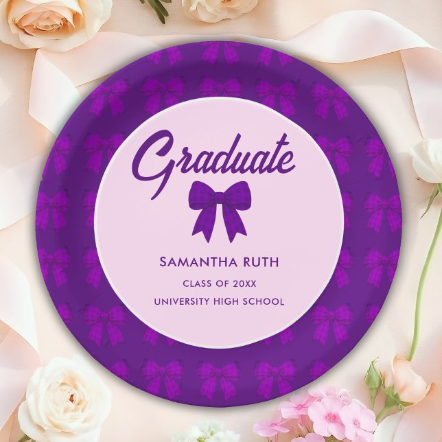 Purple Gingham Bow Graduation Party Paper Plate (Creator Uploaded)
