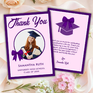 Purple Gingham Bow Photo Graduation Thank You Card