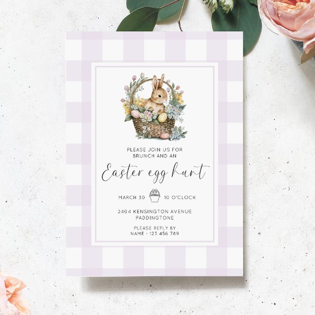 Purple Gingham Bunny Easter Egg Hunt Invitation (Easter Egg Hunt Invitation Gingham )