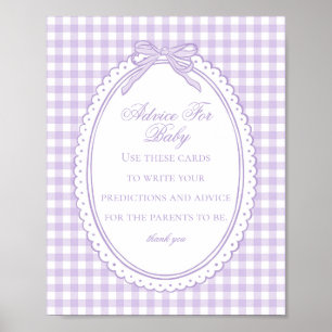Purple Gingham Coquette Bow Advice for Baby Shower Poster