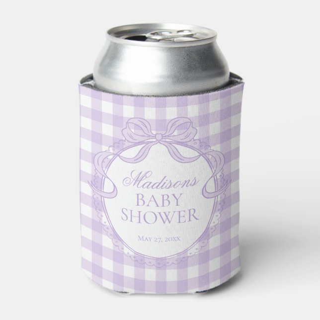 Purple Gingham Coquette Bow Baby Shower Favour Can Cooler (Can Front)