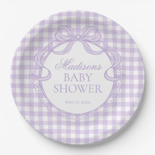 Purple Gingham Coquette Bow Baby Shower Paper Plate
