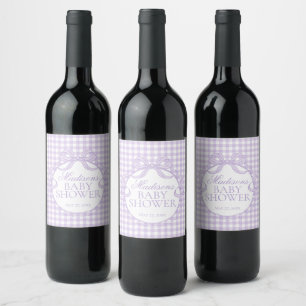 Purple Gingham Coquette Bow Baby Shower Wine Label