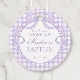 Purple Gingham Coquette Bow Baptism Circle Favour Tags