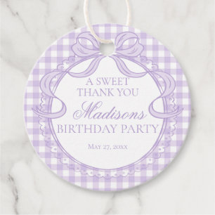 Purple Gingham Coquette Bow Birthday Party Circle Favour Tags