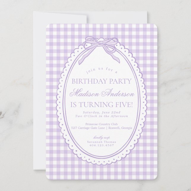 Purple Gingham Coquette Bow Birthday Party Invitation (Front)