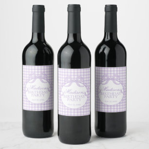 Purple Gingham Coquette Bow Birthday Party Wine Label