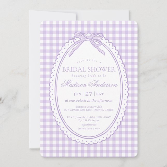 Purple Gingham Coquette Bow Bridal Shower Invitation (Front)