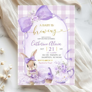 Purple Gingham Coquette Bunny Brew Tea Baby Shower Invitation