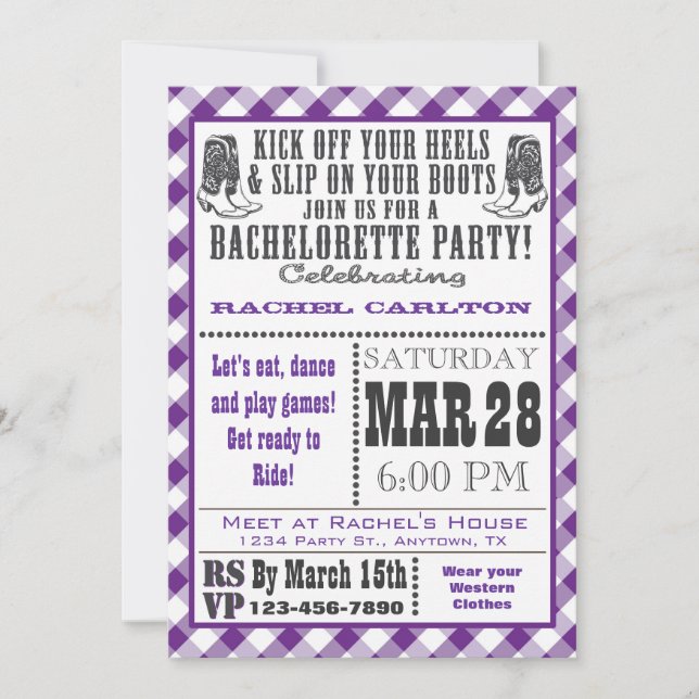Purple Gingham Cowgirl Bachelorette Party Invite (Front)