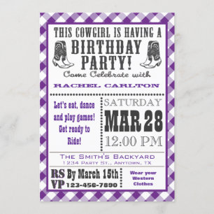Purple Gingham Cowgirl Birthday Invitation
