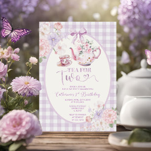 Purple Gingham Floral Tea For Two 2nd Birthday Invitation