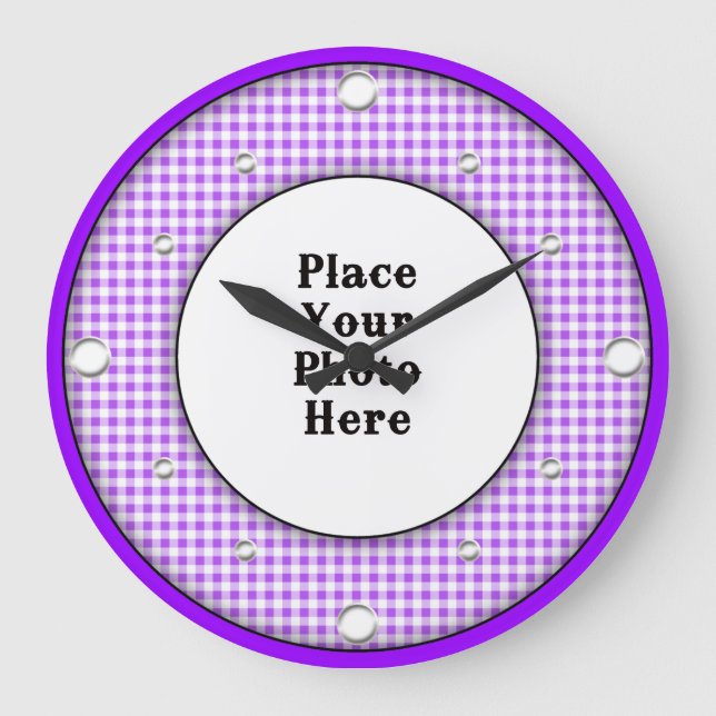 Purple Gingham Frame Your Photo Wall Clock (Front)
