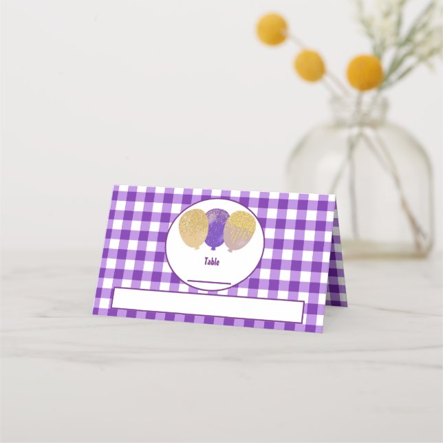 Purple Gingham Glitter Balloons Folded Table  Place Card (Front)