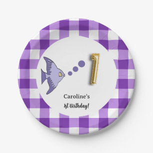 Purple Gingham Gold Foil Balloon Fish 1st Birthday Paper Plate