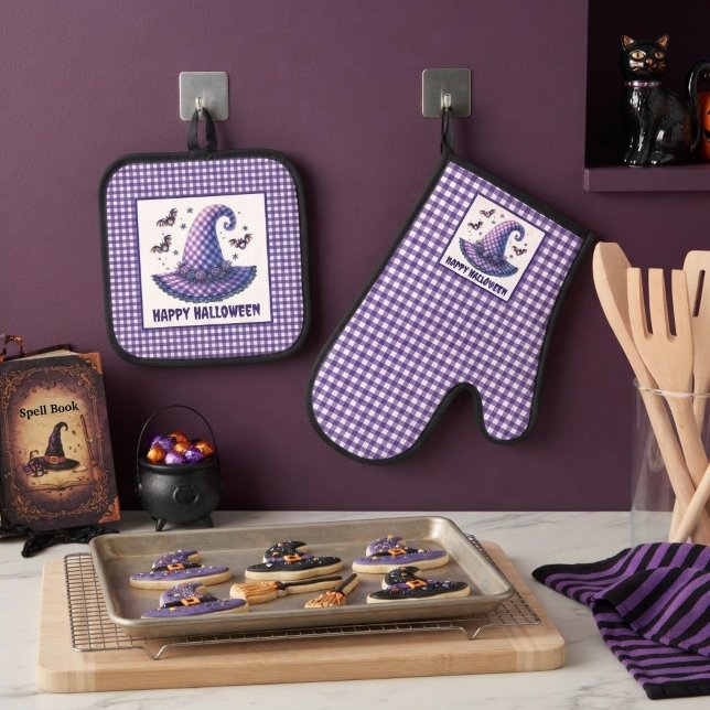Purple Gingham Halloween Witch Hat and Bats Oven Mitt & Pot Holder Set (Creator Uploaded)