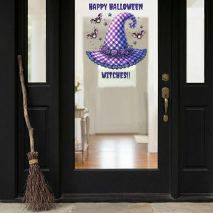Purple Gingham Halloween Witch Hat And Bats Window Cling