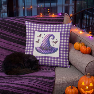 Purple Gingham Halloween Witch Hat & Bats Cushion
