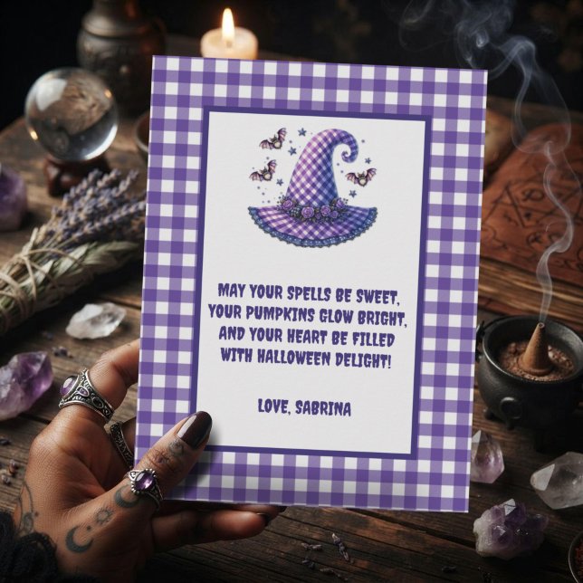 Purple Gingham Halloween Witch Hat & Bats  Holiday Postcard (Creator Uploaded)
