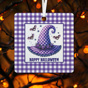 Purple Gingham Halloween Witch Hat & Bats Metal Tree Decoration