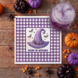 Purple Gingham Halloween Witch Hat & Bats Napkin