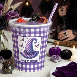 Purple Gingham Halloween Witch Hat & Bats Paper Cups