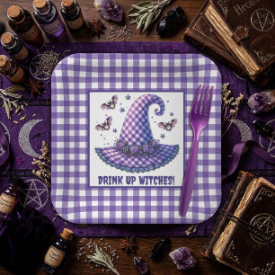 Purple Gingham Halloween Witch Hat & Bats Paper Plate