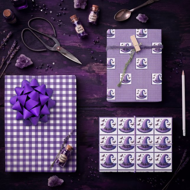 Purple Gingham Halloween Witch Hat & Bats Wrapping Paper Sheet (Creator Uploaded)