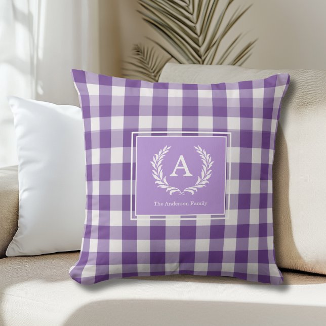 Purple Gingham Monogram Crest Cushion (Purple Gingham Monogram Crest Throw Pillow)