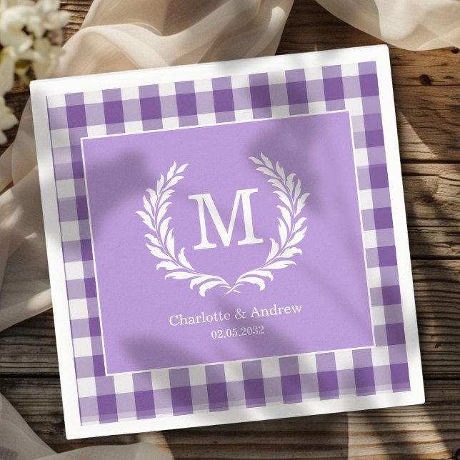 Purple Gingham Monogram Crest Custom Napkin (Purple Gingham Monogram Crest Custom Napkins with your Monogram, names and Date.)