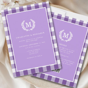 Purple Gingham Monogram Crest QR Code Invitation