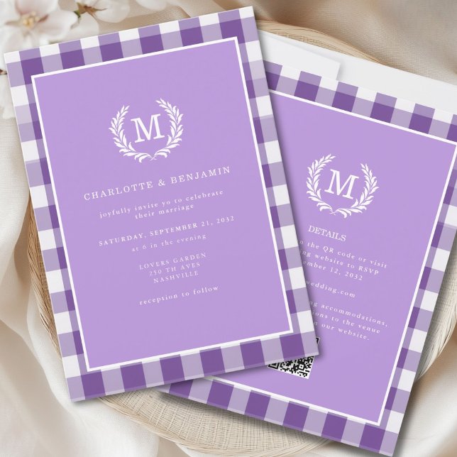 Purple Gingham Monogram Crest QR Code Invitation (Purple Gingham Monogram Crest QR Code Invitation for Details and RSVP. )