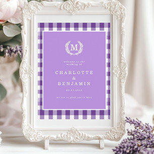 Purple Gingham Monogram Crest Wedding Welcome Poster