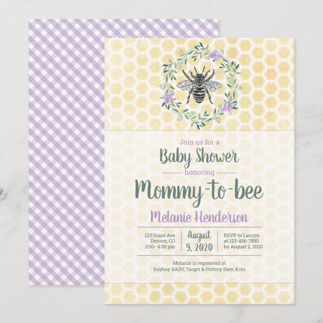 purple, gingham, mummy to bee girl baby shower invitation (Front/Back)