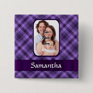 Purple gingham pattern 15 cm square badge