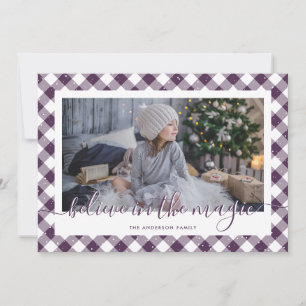 Purple Gingham Plaid Believe In the Magic Photo Holiday Card