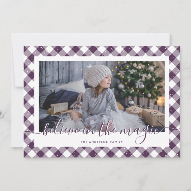 Purple Gingham Plaid Believe In the Magic Photo Holiday Card (Front)